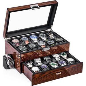 High-End Watch Box, 20-Slot Watch Case with Large Glass Lid, Wooden Watch Cases